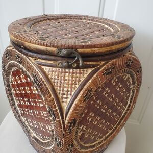 Vtg Rattan and Wood Stand with Storage